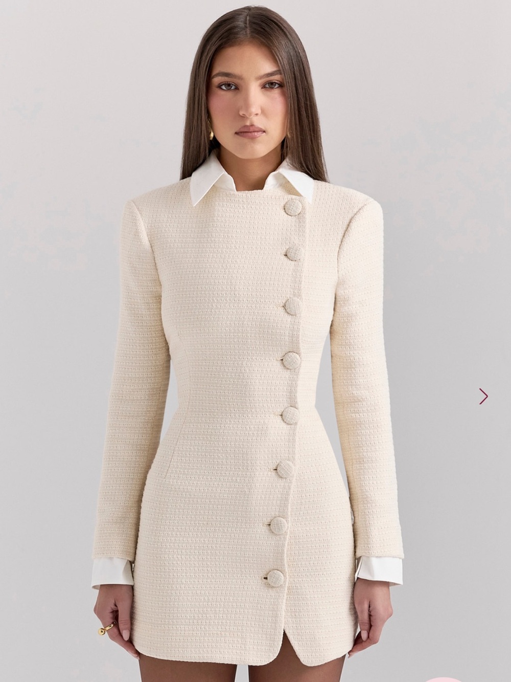 House of CB Cream Tweed Long Sleeve Button Mini Dress “LEONI”
